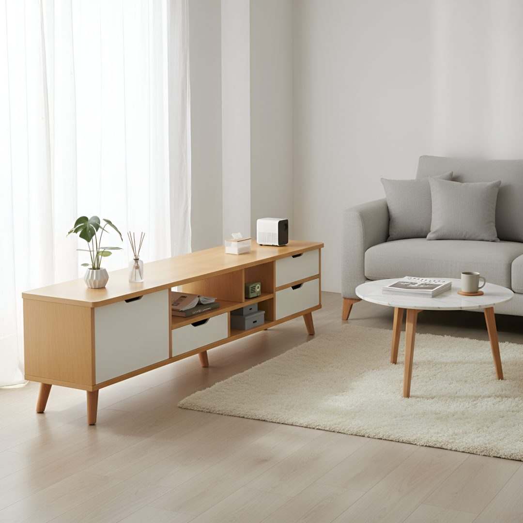 Rack TV Madera Mdf Minimalista 4 Cajones 3 Estantes 140 cm - Imagen 4
