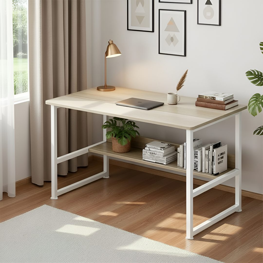 Escritorio Rectangular Compacto De Hierro - Madera Y Estante