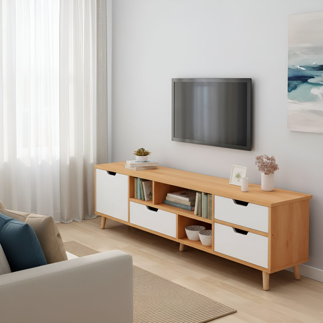 Rack TV Madera Mdf Minimalista 4 Cajones 3 Estantes 140 cm - Imagen 2