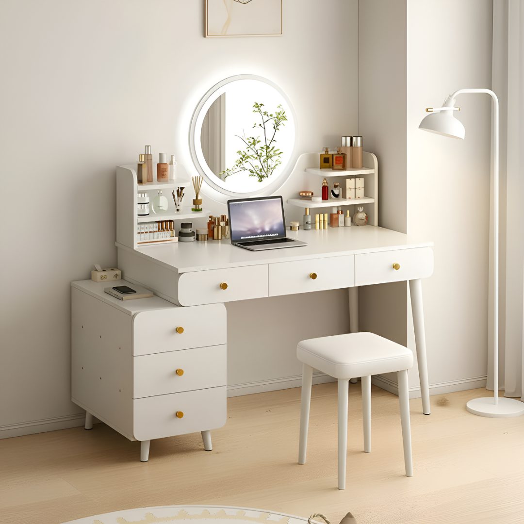 Tocador Dormitorio Mdf Con Espejo Luz Led 6 Cajones 100 cm