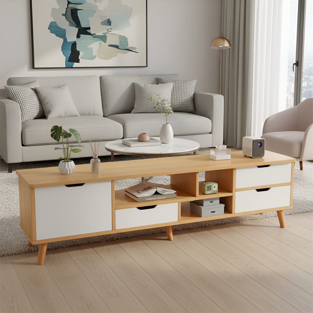 Rack TV Madera Mdf Minimalista 4 Cajones 3 Estantes 140 cm - Imagen 3