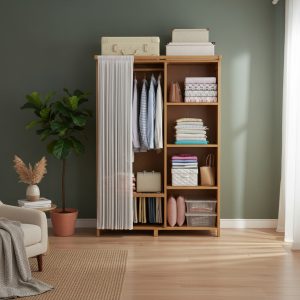 Armario Ropero Con Cortina Madera Bambu 160x85x43cm
