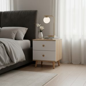 Mesa de Luz Natural / Blanco 2 Cajónes Y Patas 48cm