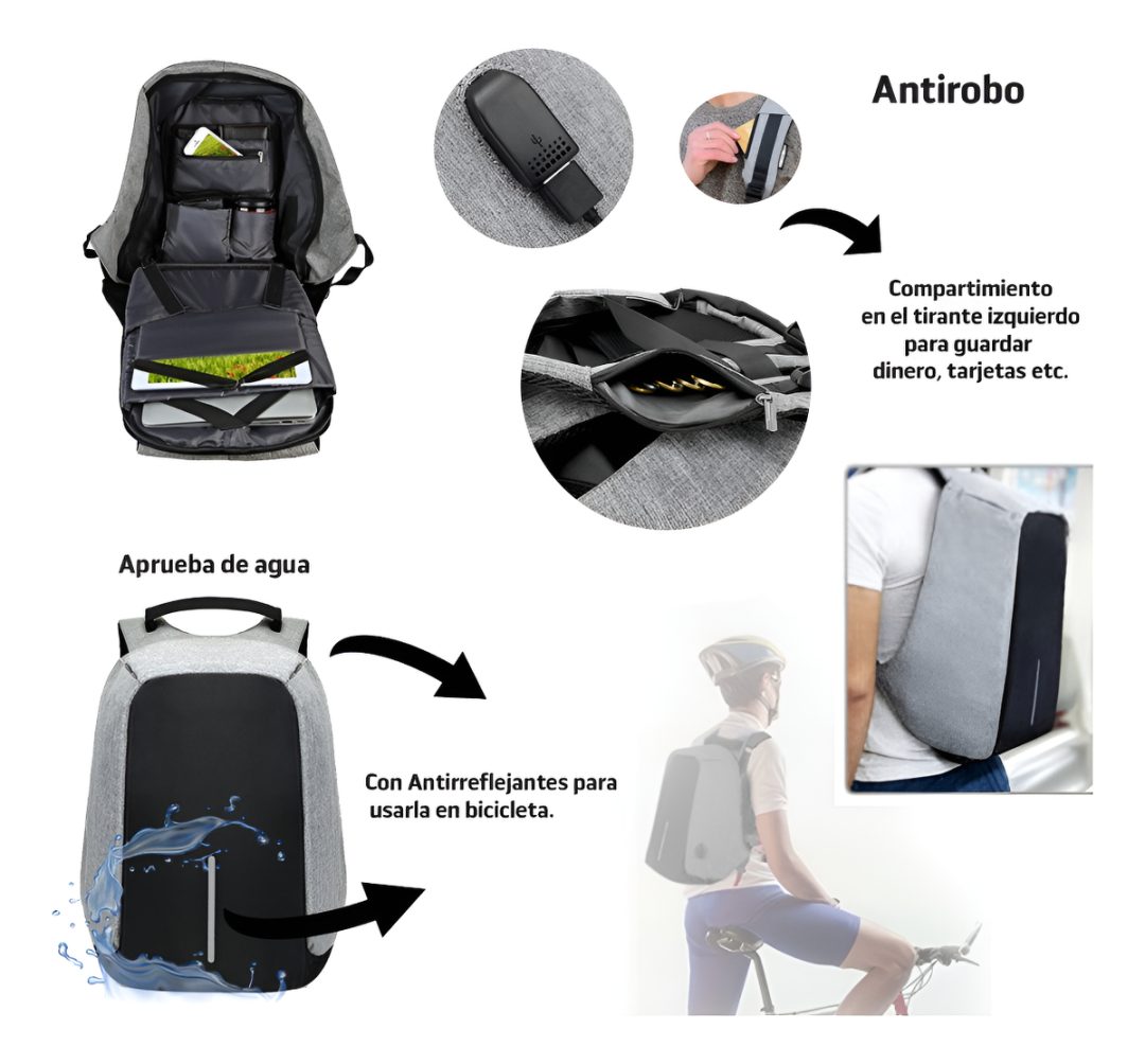 Mochila Antirrobo Tela Impermeable Puerto Usb Ultrashopuy - Imagen 3