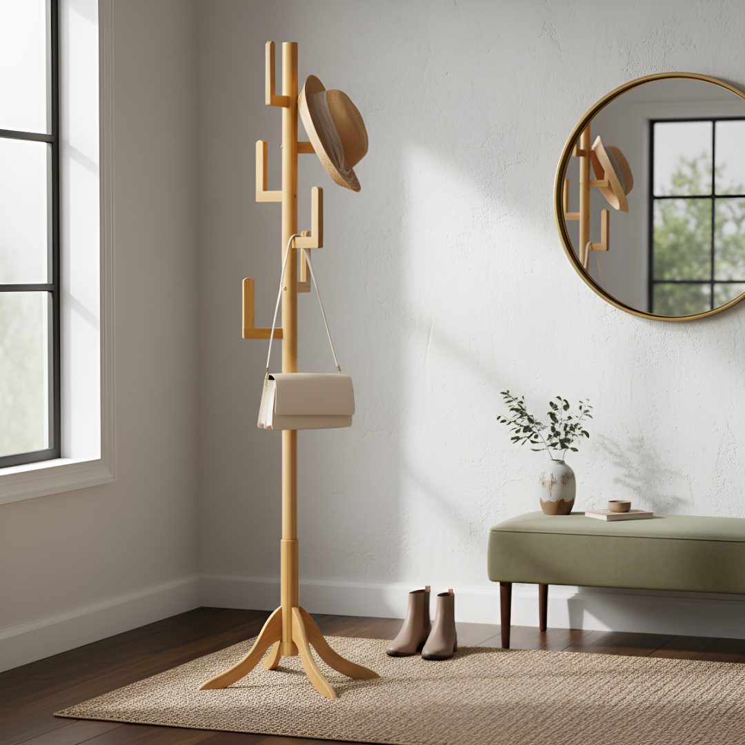 Perchero Madera Bambú De Pie Con 3 Apoyos 175x50cm