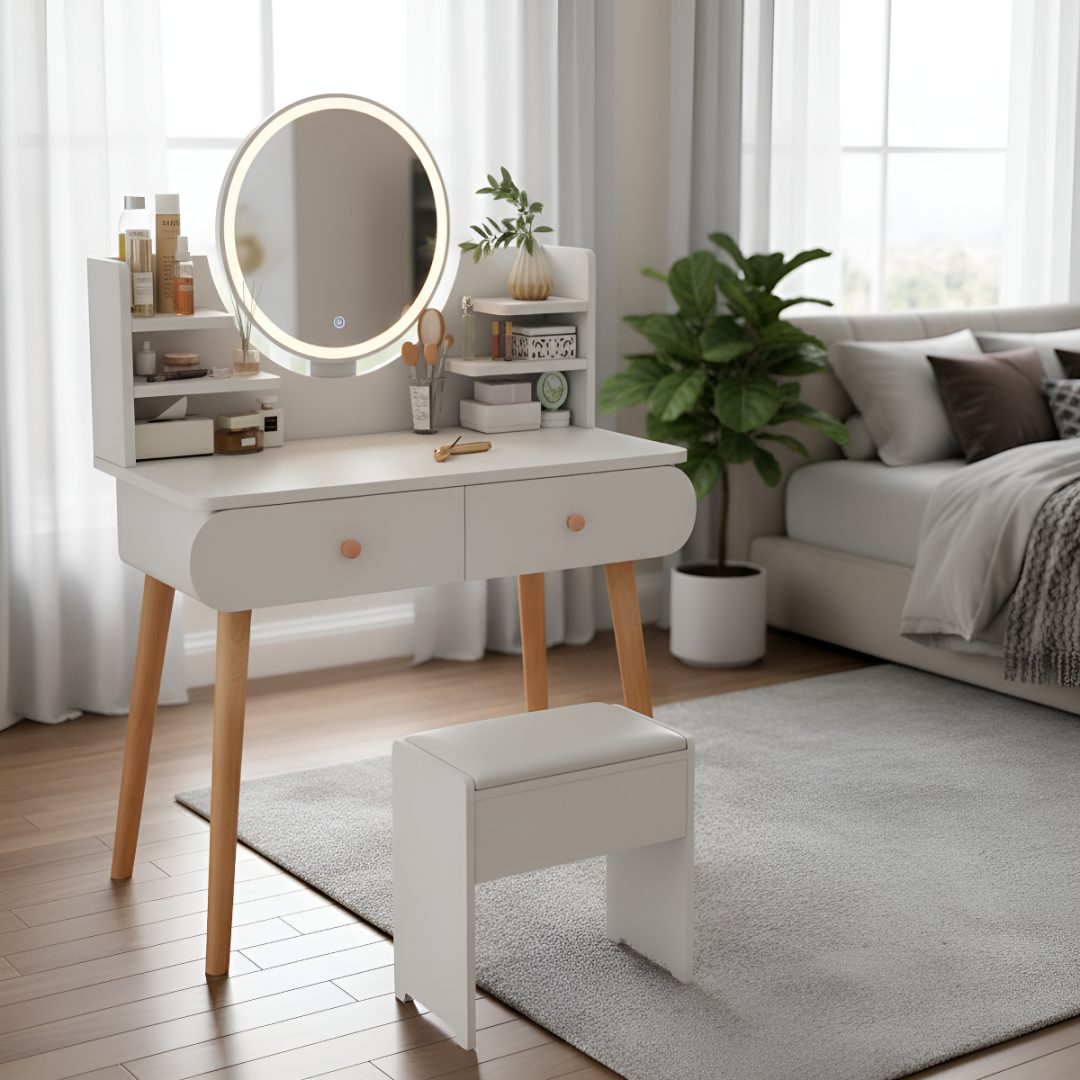 Tocador De Maquillaje Espejo Luz Led Ajustable Y Taburete
