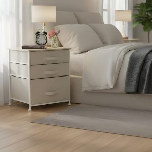 Mesa De Luz Madera Premium Con 3 Cajones - Tela Y Hierro