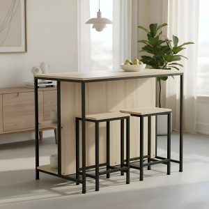 Mesa Isla Minimalista De Cocina Madera Y Hierro 2 Bancos