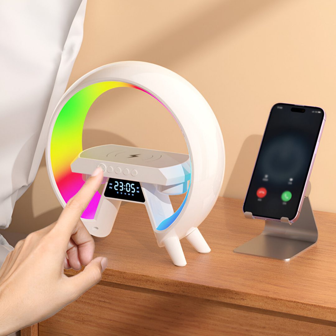 Parlante Y Cargador Con Luces Led Rgb Y Reloj Lampara - Imagen 7