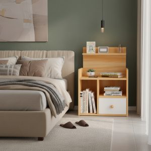 Mesa De Noche De Madera Moderna 4 Estantes Cajón