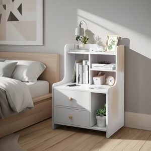 Mesa De Luz Mdf Con Estantes Y 2 Cajones 50x30x60 cm Blanco