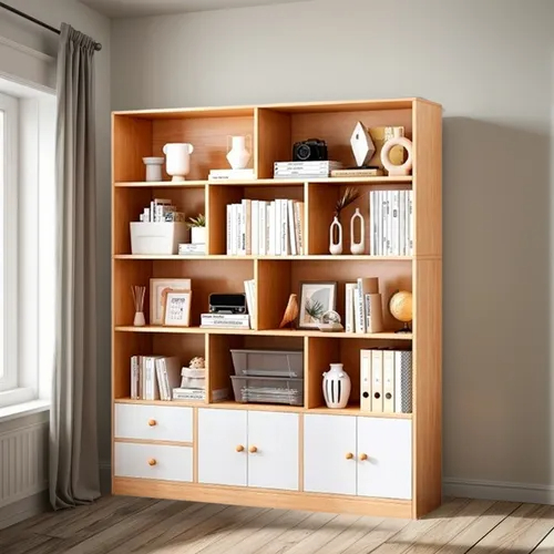 Estantería Biblioteca MDF 5 Niveles Con 4 Puertas 2 Cajones 140x178 cm - Imagen 3