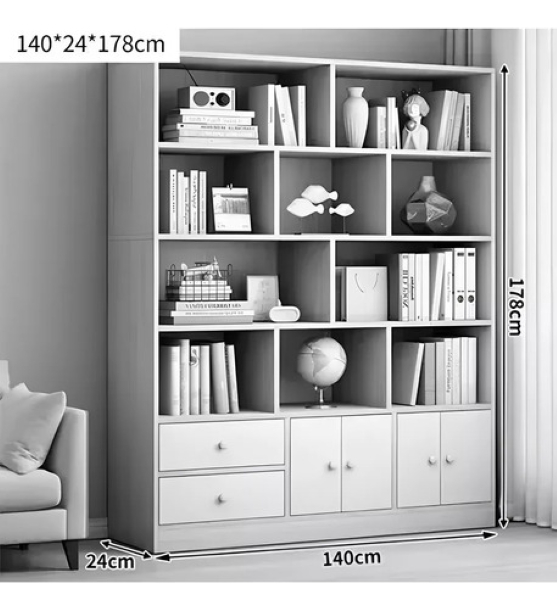 Estantería Biblioteca MDF 5 Niveles Con 4 Puertas 2 Cajones 140x178 cm - Imagen 5