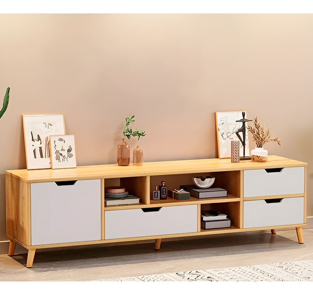 Rack TV Madera Mdf Minimalista 4 Cajones 3 Estantes 140 cm - Imagen 6