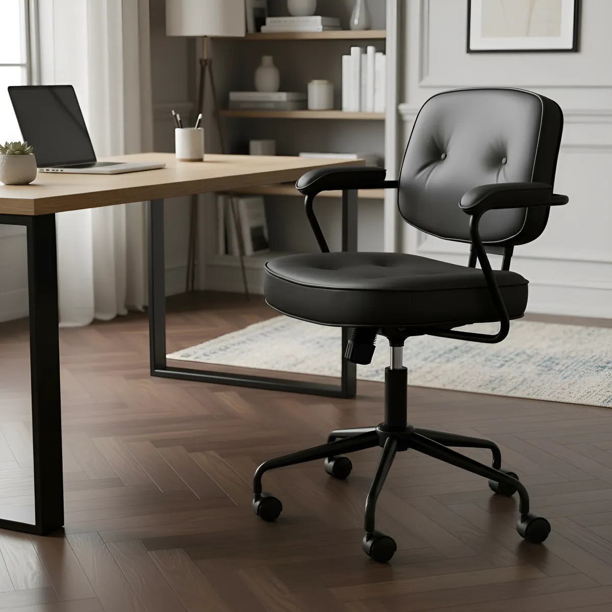 Silla De Oficina Escritorio Vintage Cuero Sintético Con Ruedas - Imagen 2