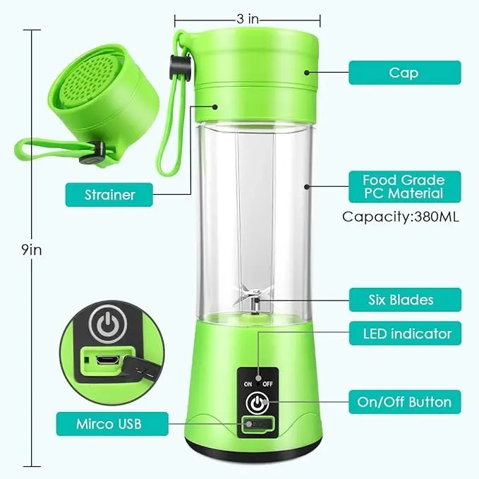 Licuadora Portátil Recargable 4 Cuchillas USB Vaso De 380 ml - Imagen 4