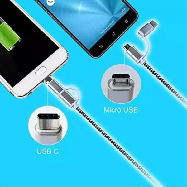Cable Usb 2 En 1 USB-C Y Micro - Usb Naylon Trenzado 1 metro - Imagen 2
