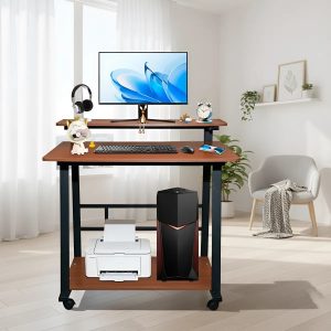 Escritorio Moderno Mdf Y Metal Con 2 Estante 4 Ruedas 80x55 cm