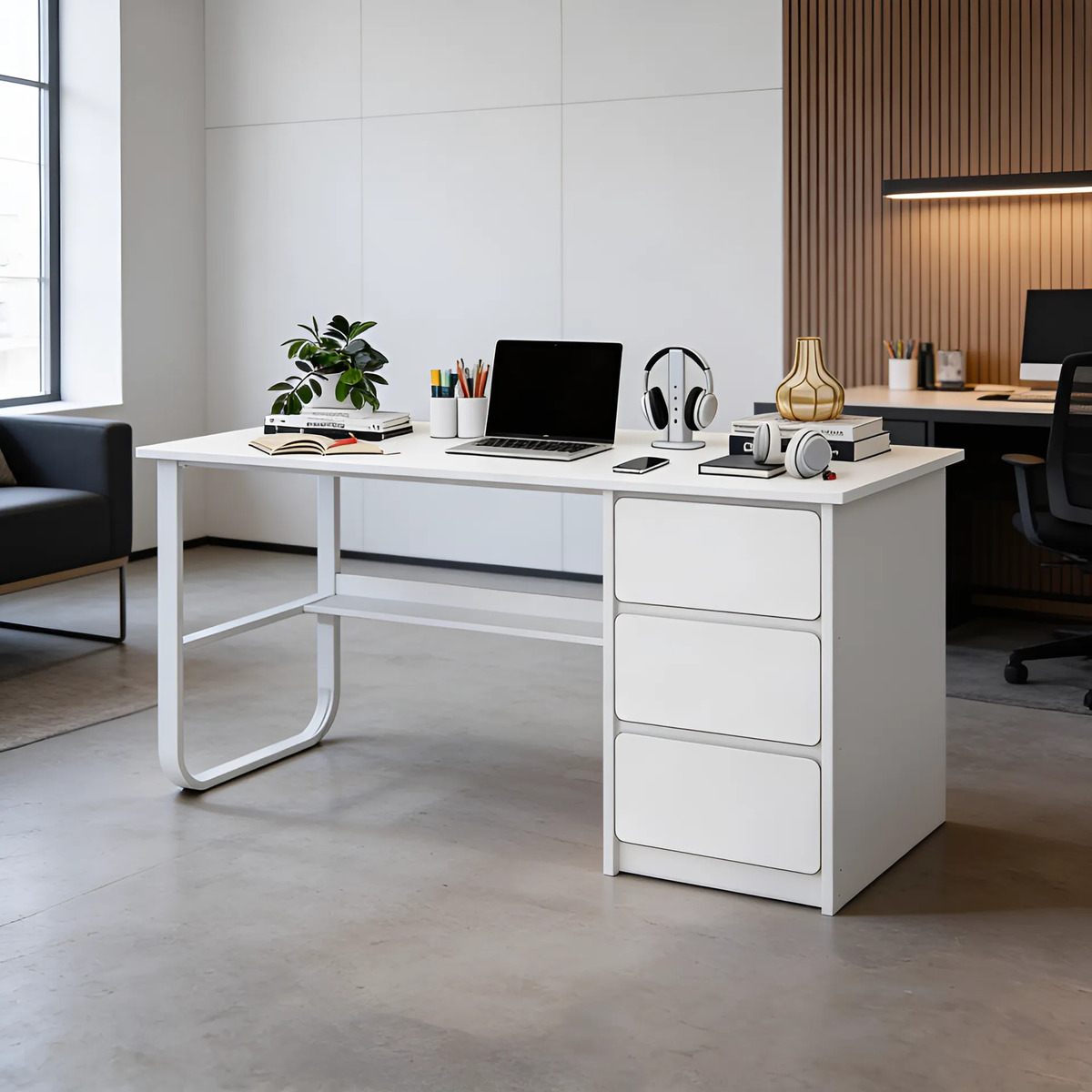 Escritorio Minimalista Mdf Hierro 3 Cajones 1 Estante 120 cm
