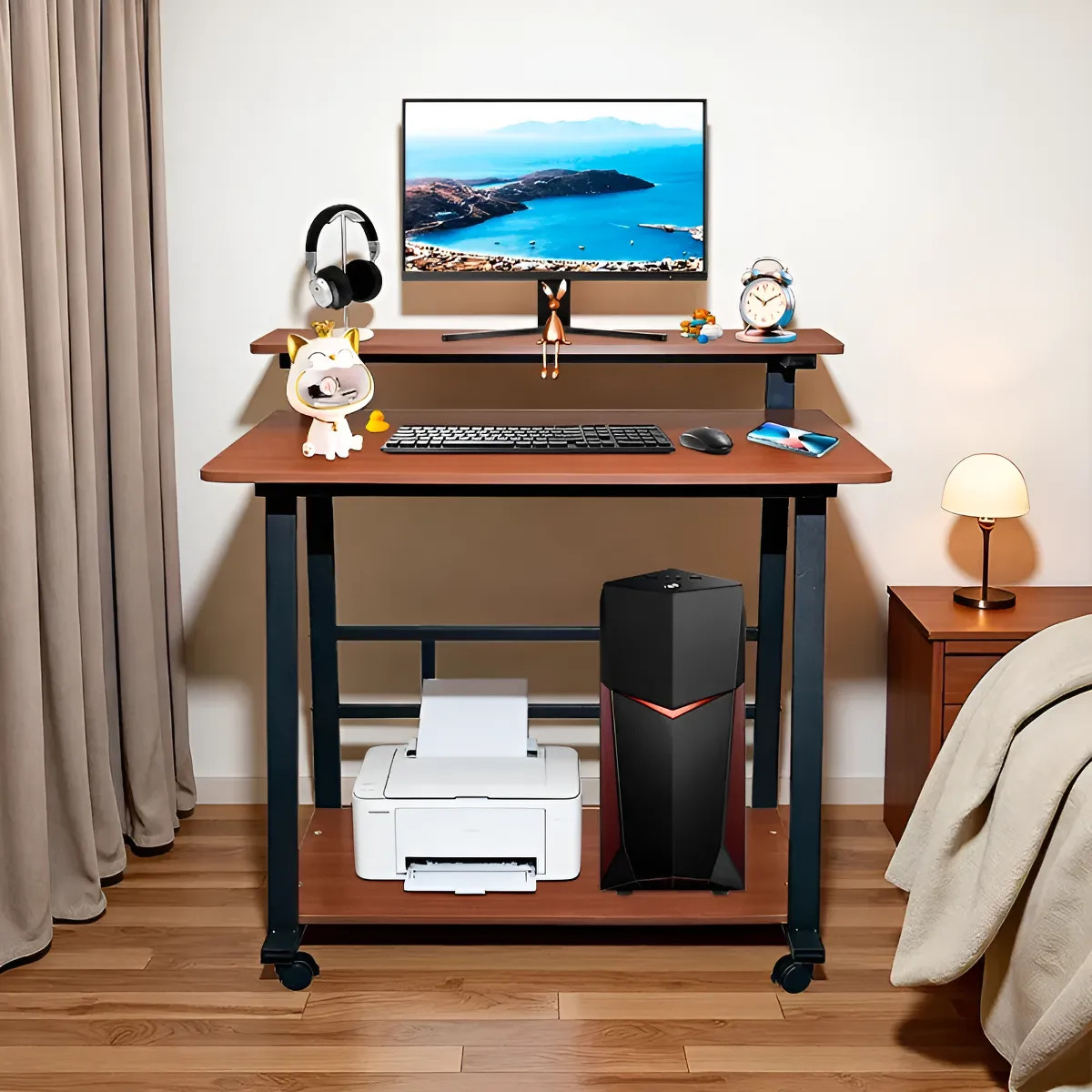 Escritorio Moderno Mdf Y Metal Con 2 Estante 4 Ruedas 80x55 cm - Imagen 5
