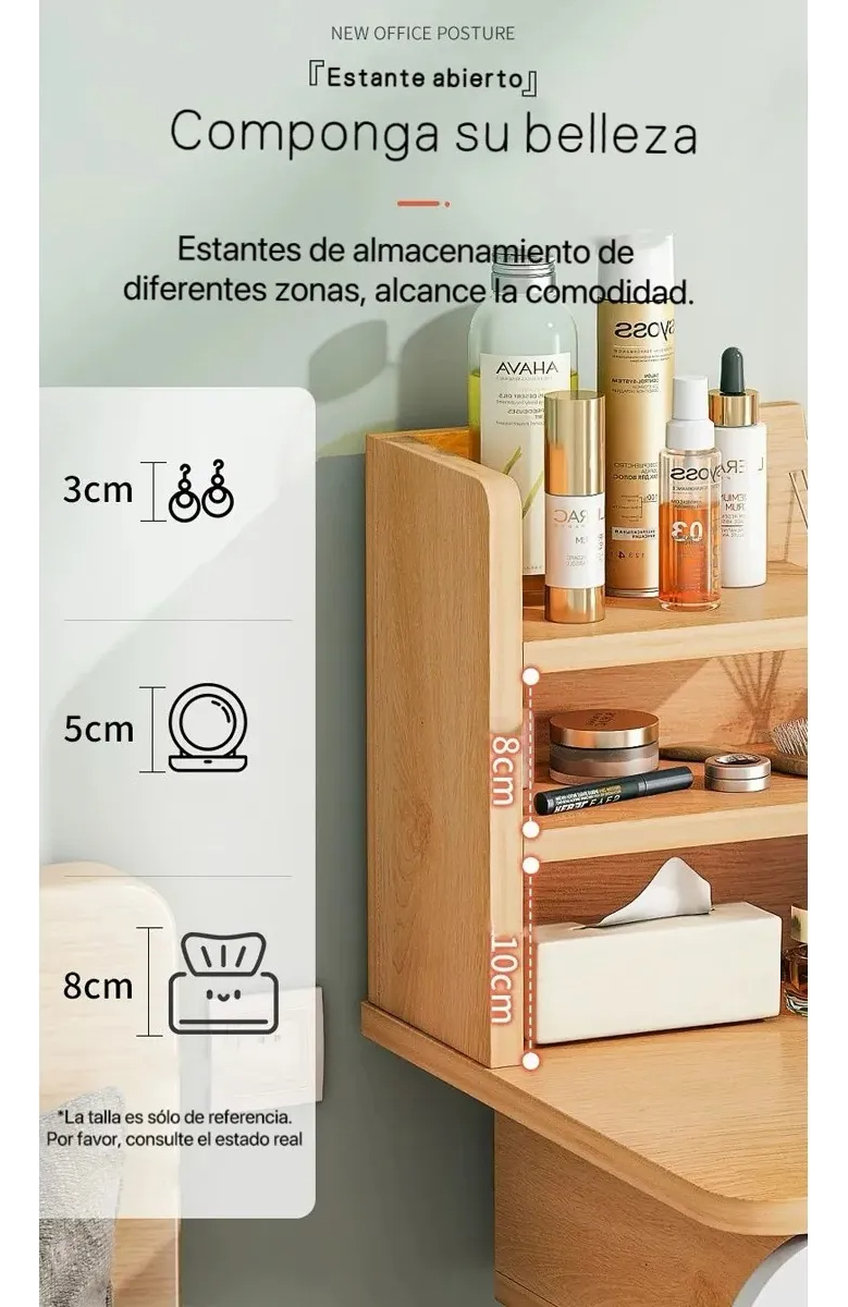 Tocador Con Espejo Luz Led Con 4 Estantes Y 2 Cajones + Taburete - Imagen 8