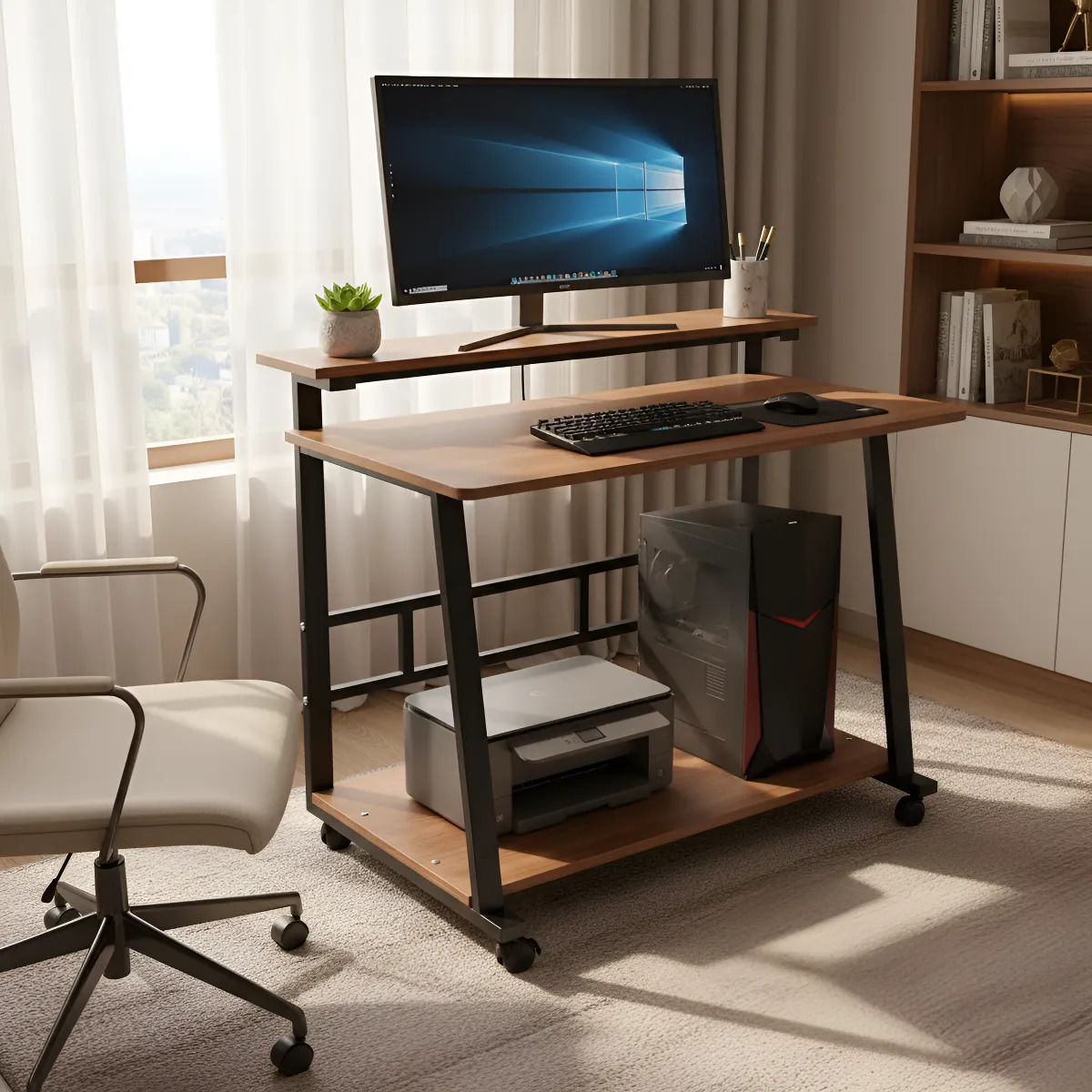 Escritorio Moderno Mdf Y Metal Con 2 Estante 4 Ruedas 80x55 cm - Imagen 2