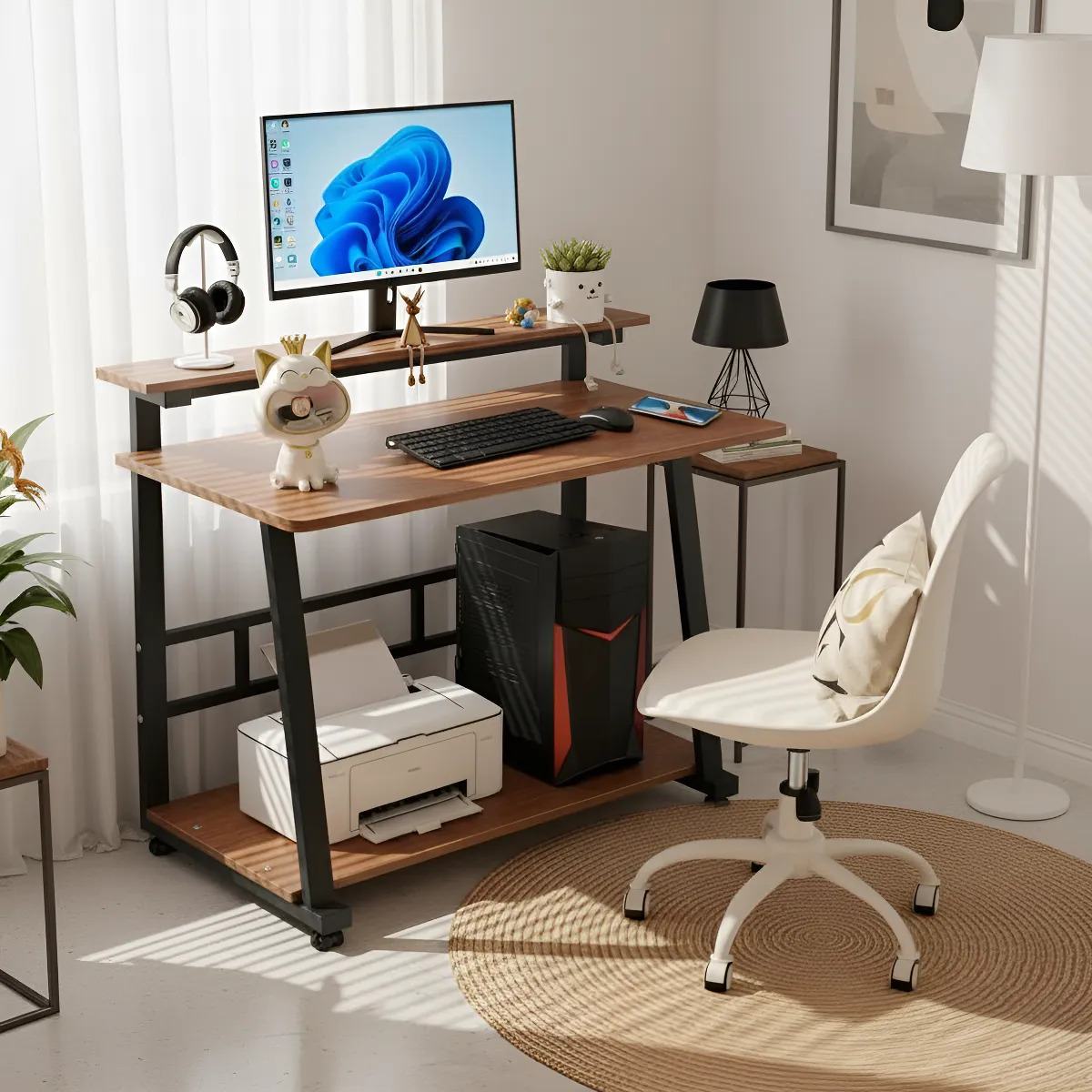 Escritorio Moderno Mdf Y Metal Con 2 Estante 4 Ruedas 80x55 cm - Imagen 4