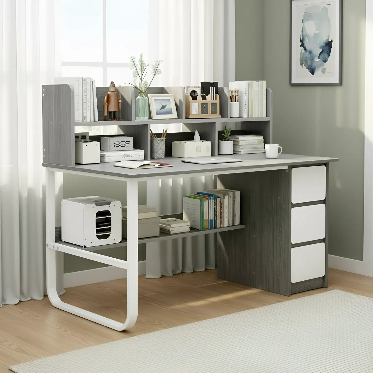 Escritorio De Oficina Minimalista MDF Con 3 Cajones 8 Estantes