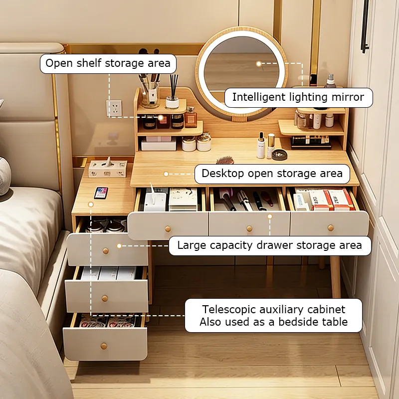 Tocador Con Espejo Luz Led MDF 6 Cajones Sin Taburete - Imagen 7