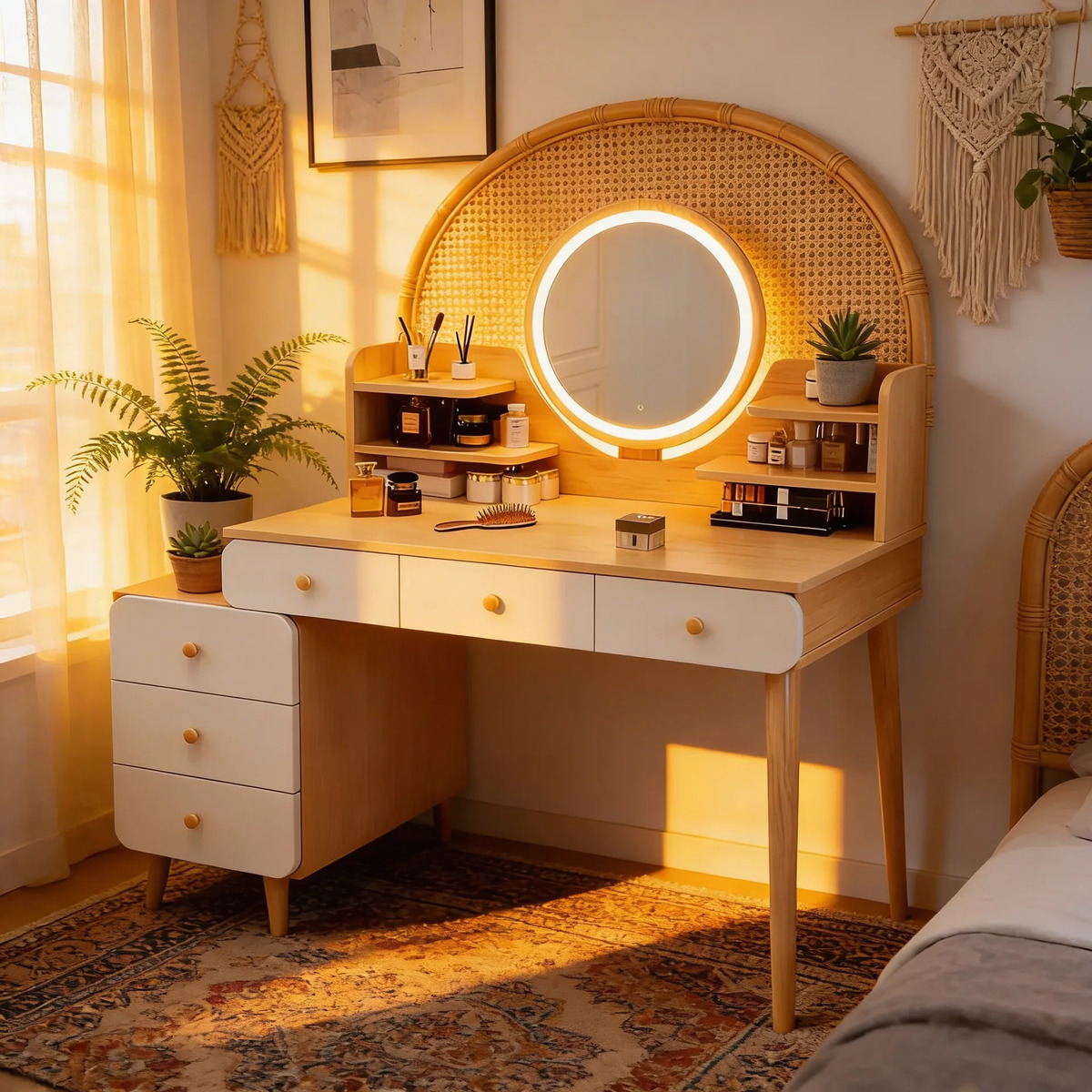 Tocador Con Espejo Luz Led MDF 6 Cajones Sin Taburete - Imagen 2