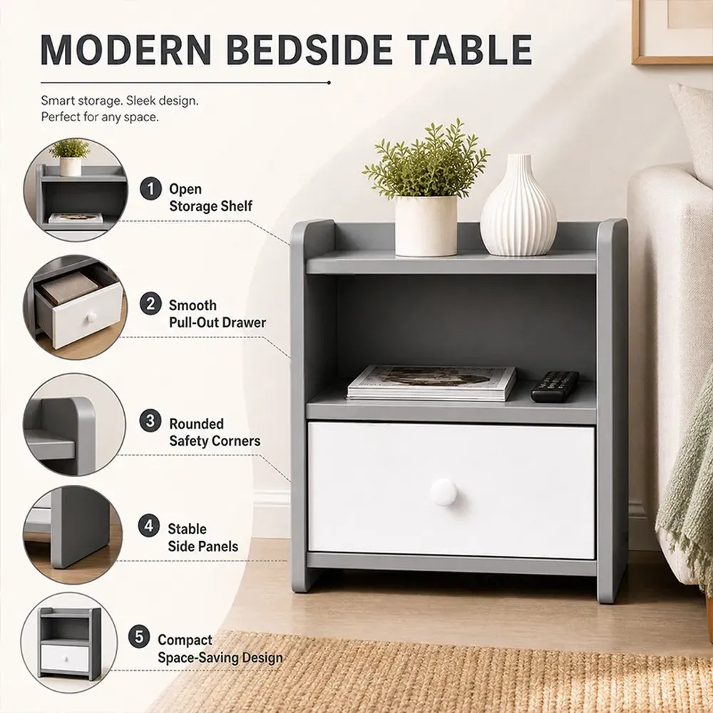 Mesa De Luz Moderna Minimalista Con 1 Cajón Y 1 Estante - Imagen 7