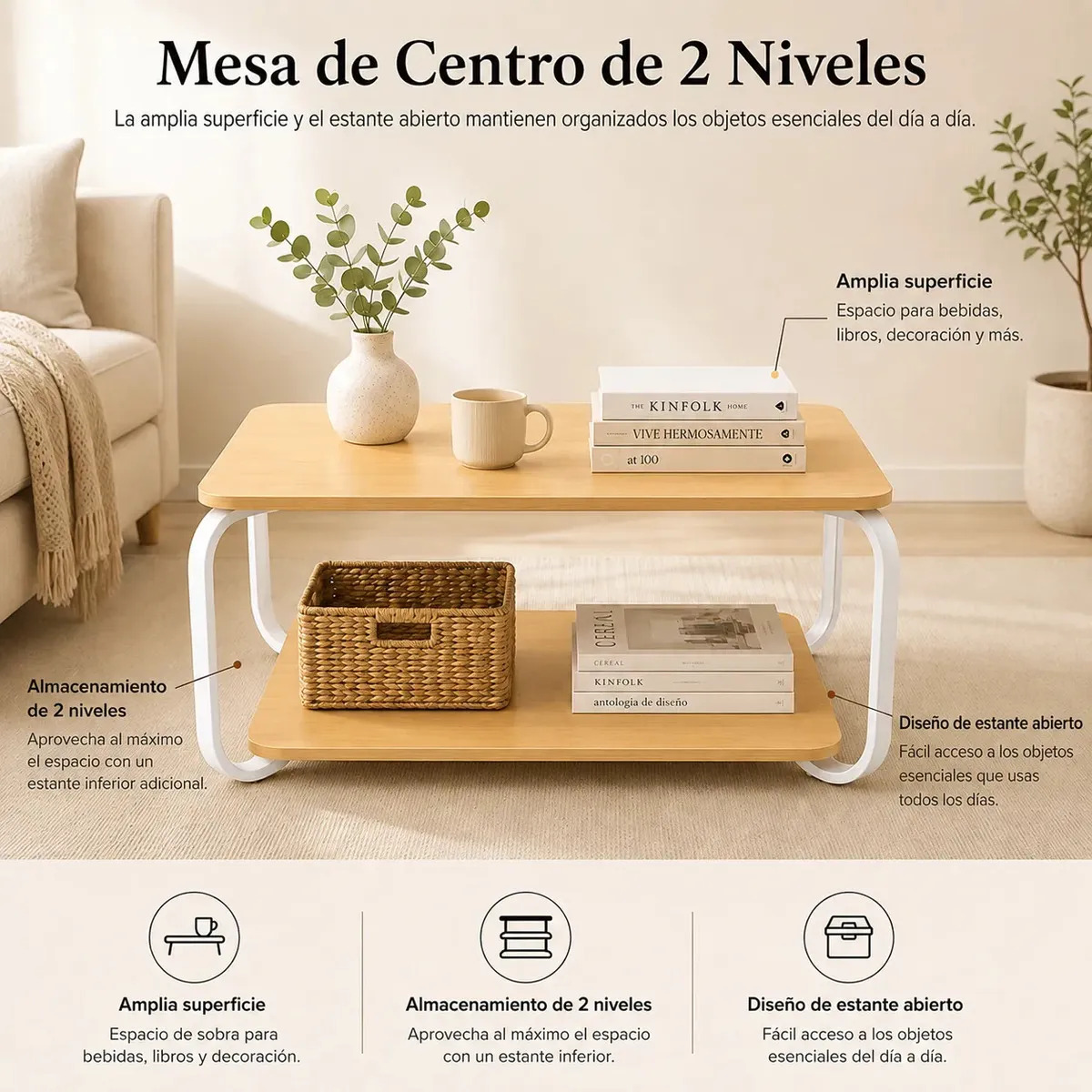 Mesa Ratona Auxiliar Moderna Mdf De 2 Niveles 100x60 cm - Imagen 6