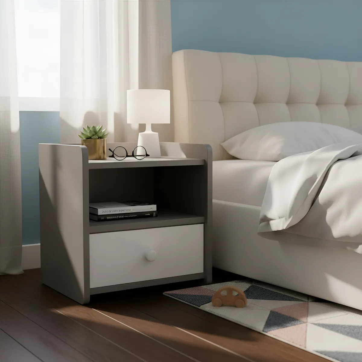 Mesa De Luz Moderna Minimalista Con 1 Cajón Y 1 Estante