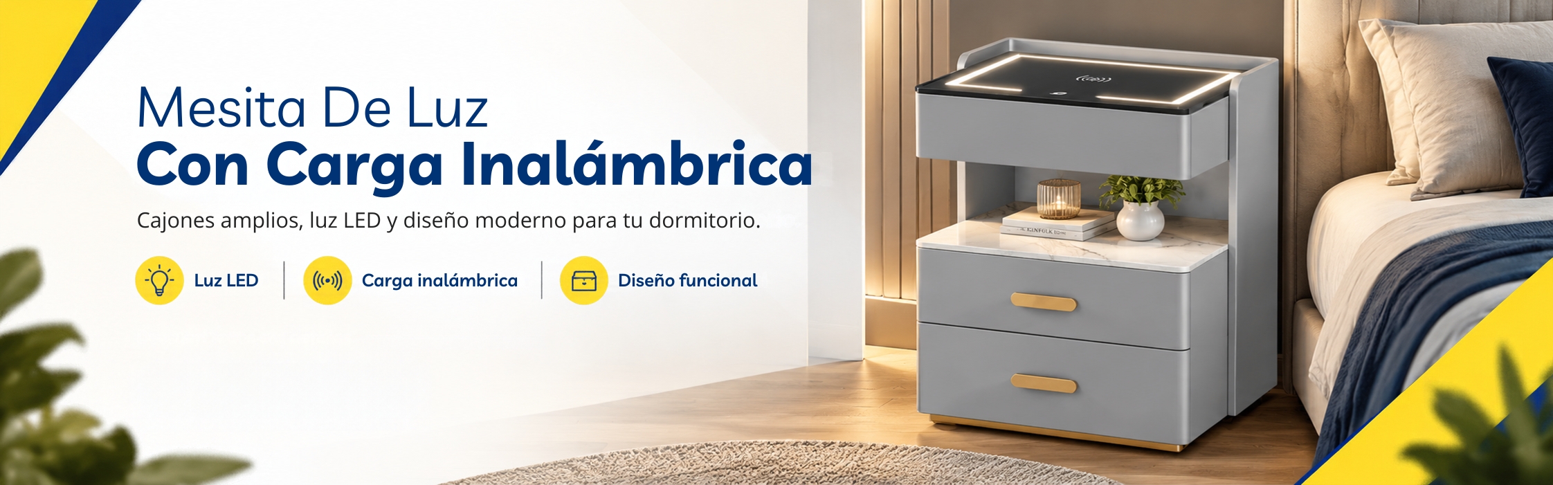 Mesita de Luz con Cajones, Carga Inalámbrica y Luz LED