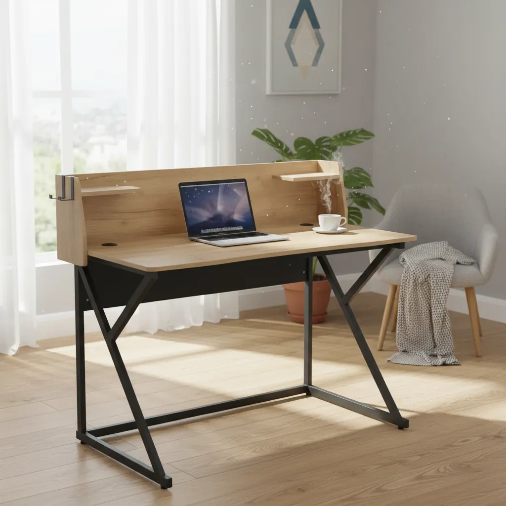 Escritorio Moderno MDF Metal Con Pasacable Y Estantes 120 CM - Imagen 5