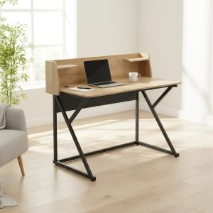 Escritorio Moderno MDF Metal Con Pasacable Y Estantes 120 CM