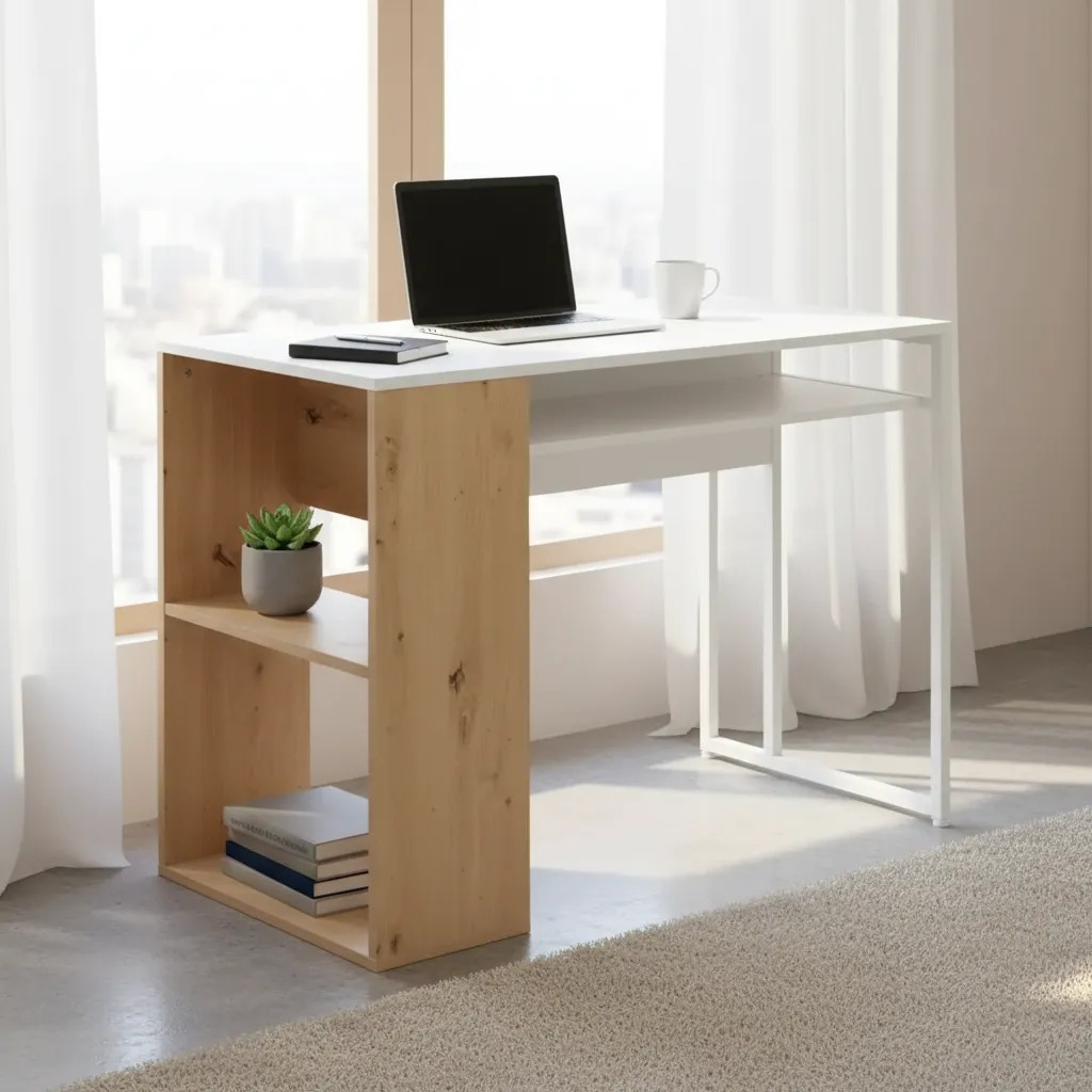 Escritorio Minimalista MDF Y Metal Con Estante Inferior 100 CM - Imagen 2