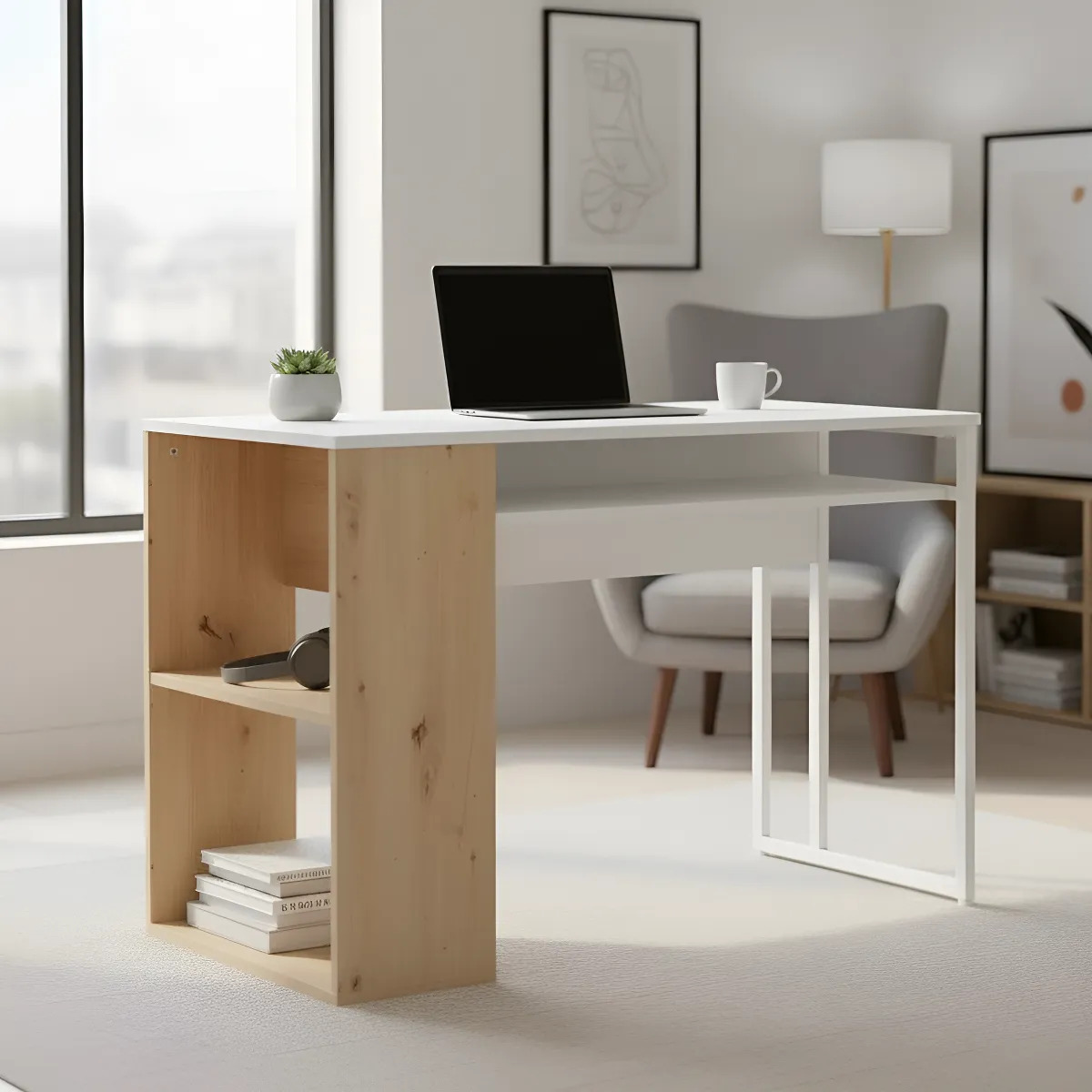 Escritorio Minimalista MDF Y Metal Con Estante Inferior 100 CM - Imagen 3